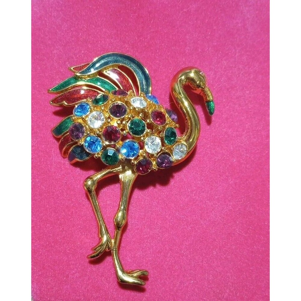 Large Trifari Red Green Enamel Multi Color Rhinestone Flamingo Brooch, Signed